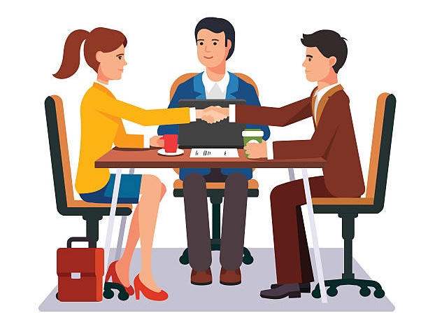 Successful business negotiations. Closed deal handshake over a desk. Flat style vector illustration.